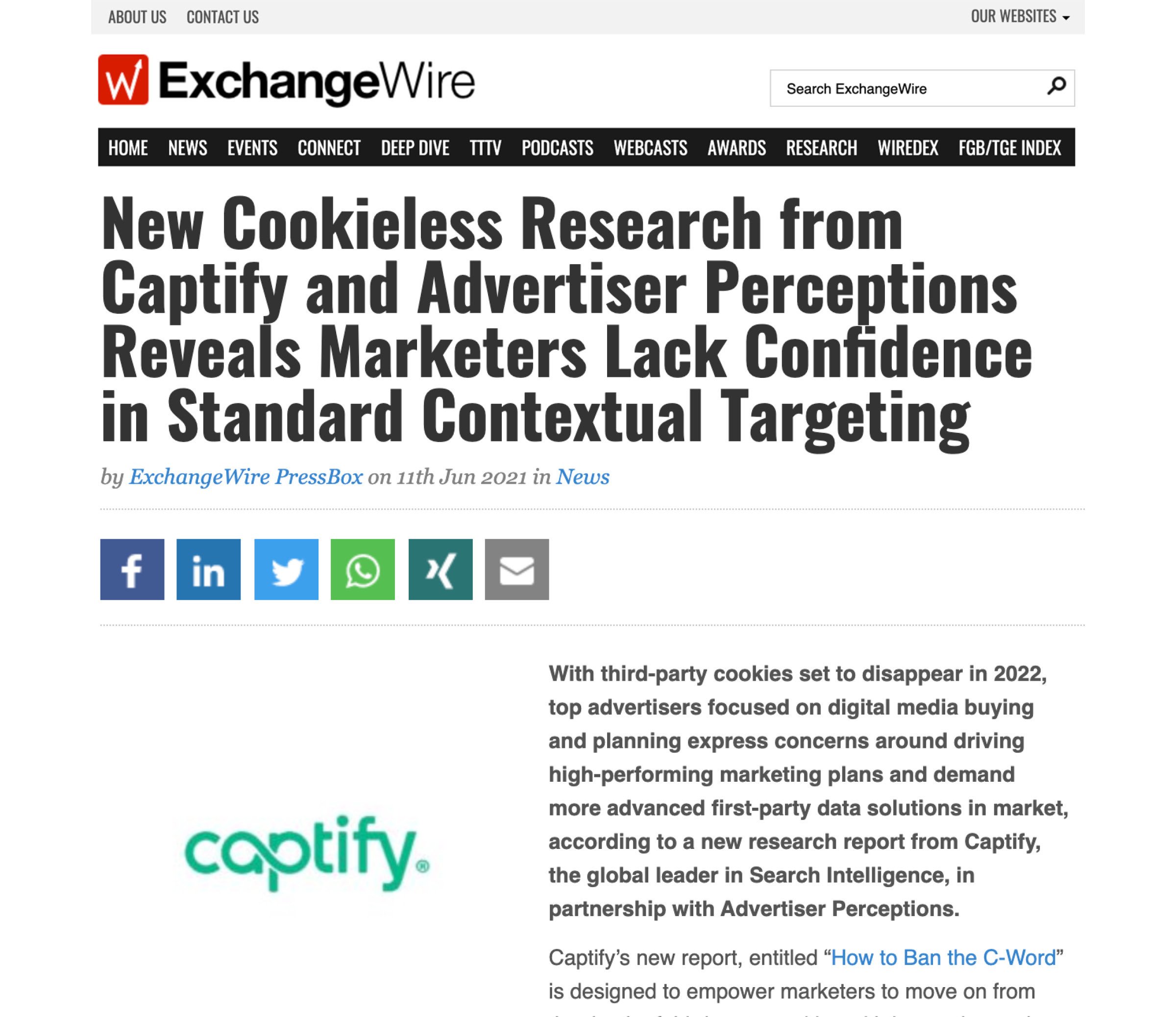 ExchangeWire: New Cookieless Research from Captify and Advertiser Perceptions Reveals Marketers Lack Confidence in Standard Contextual Targeting